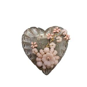 Antique Lucite Heart With Wired Glass Flowers Brooch (A8716)